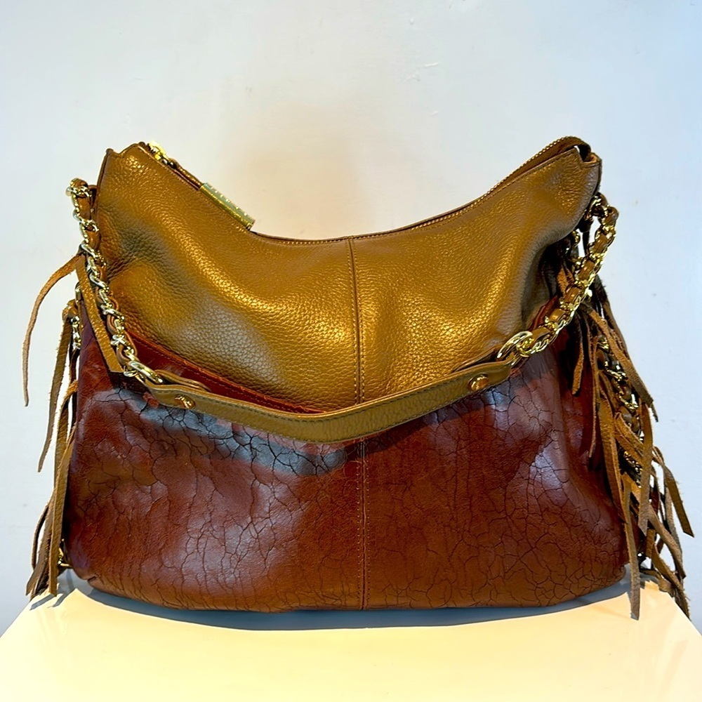 BODHI HANDBAGS Gaansevort Brown Distressed Leather Chain Hobo fringe Handbag